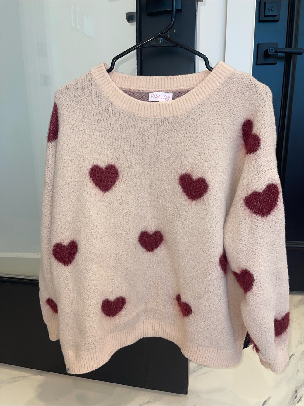 Pink Lily light pink Sweater with Burgundy Heart Accents